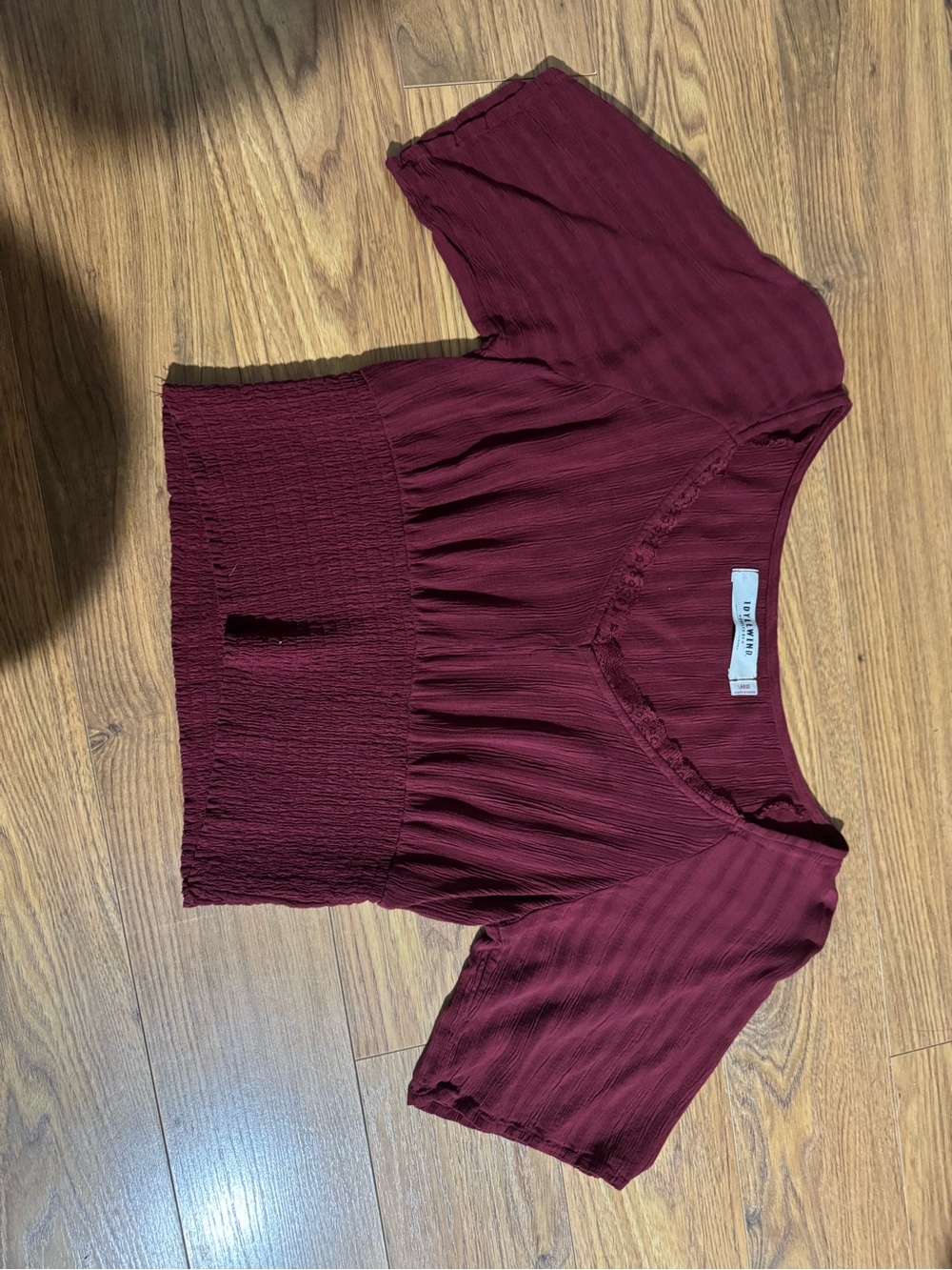 Idyllwind Burgundy V-Neck Short Sleeve Smocked Crop Top